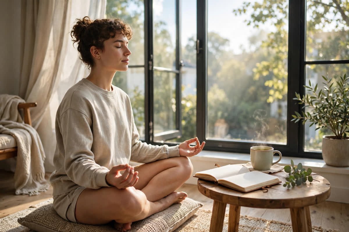 A morning meditation scene with a journal and a cup of tea by a bright window