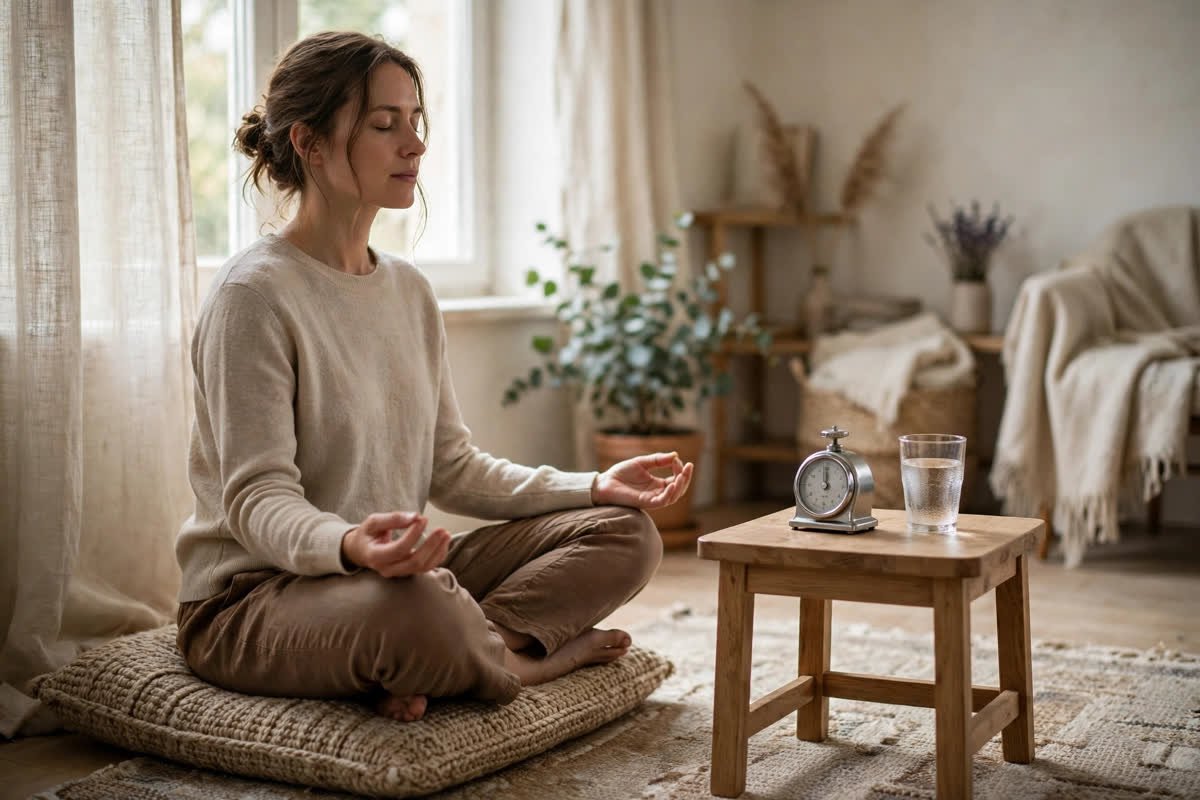 A person meditating on a cushion beside a small table with a timer and a glass of water