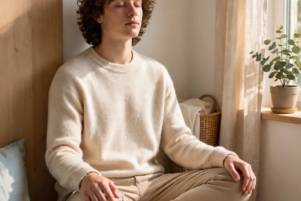 A beginner sitting quietly with eyes closed in a sunny bedroom corner