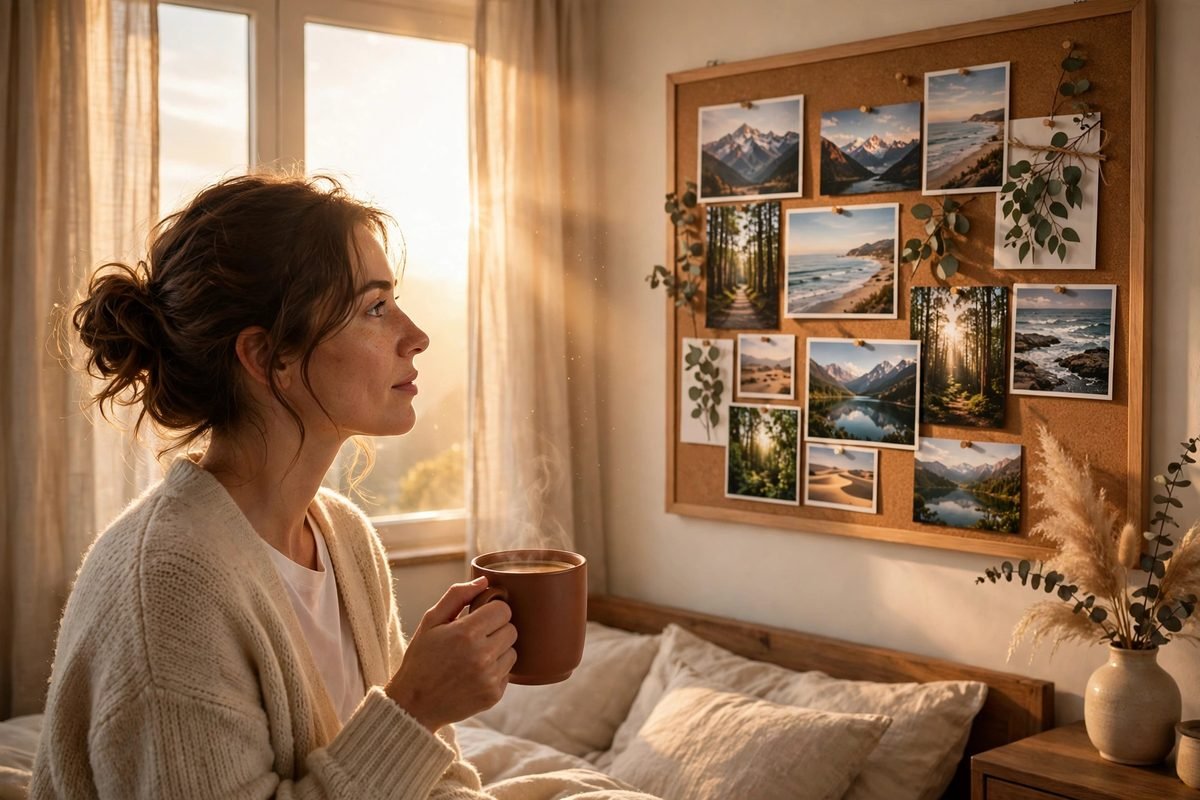 Person with coffee looking at a vision board on the bedroom wall in morning sunlight — how to use a money vision board daily