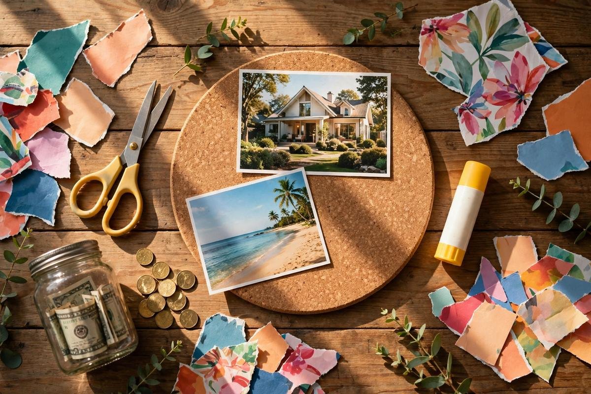 Vision board being created with photos of a dream house, beach, savings jar and gold coins — how to make a money vision board