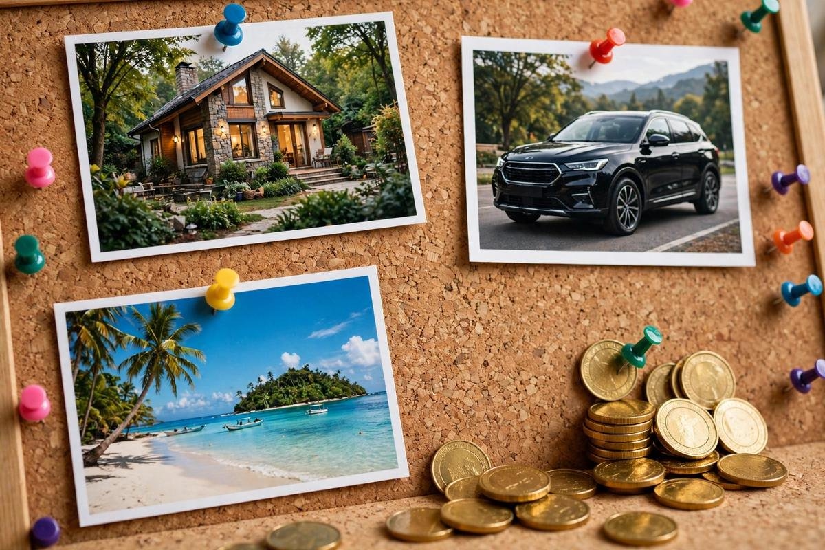 Finished money vision board with photos of a dream house, car, beach vacation and gold coins — what to put on a money vision board