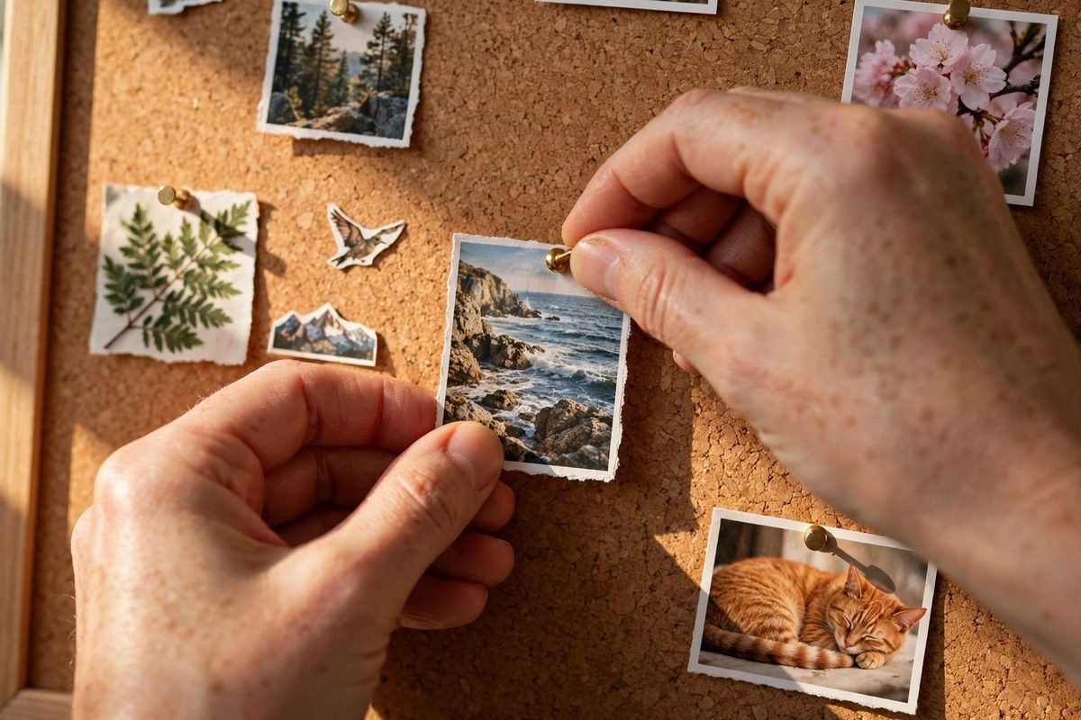 Hands pinning cut-out photos onto a cork board in warm light — how to make a money vision board step by step