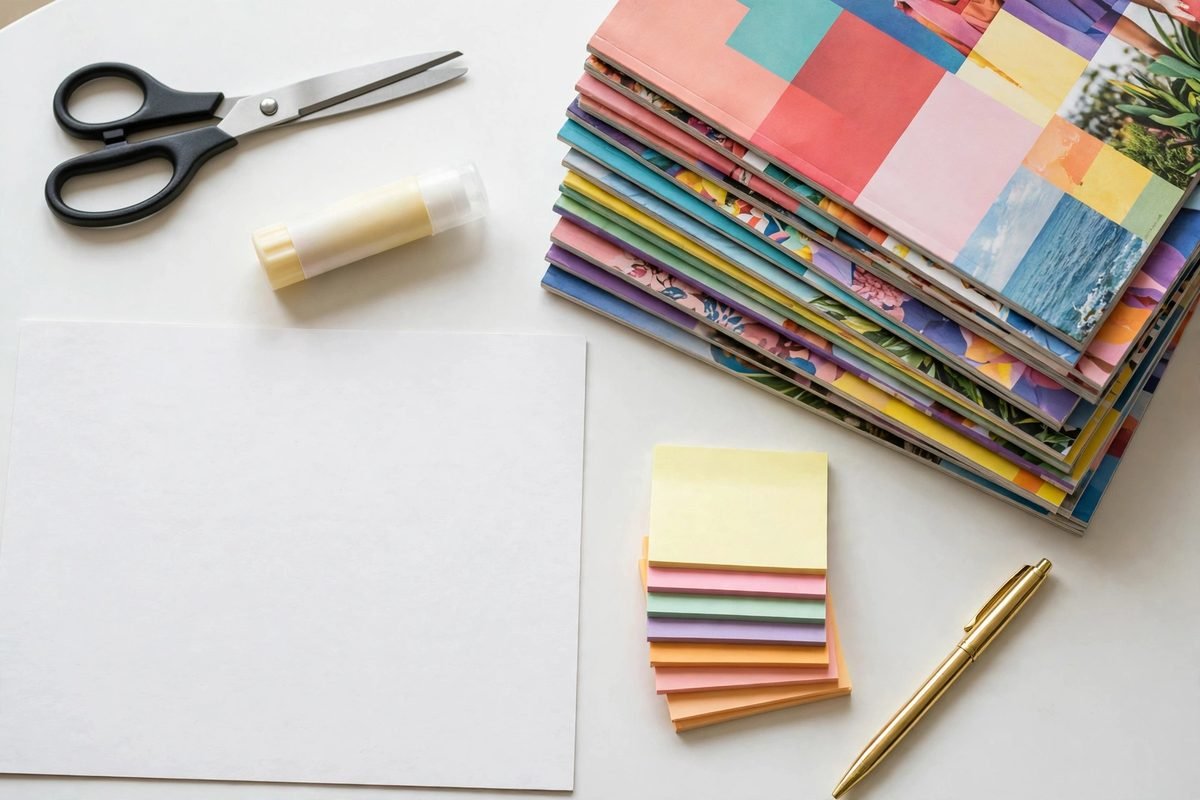 Flat-lay of vision board supplies: poster board, scissors, glue, magazines and sticky notes — what you need to make a money vision board