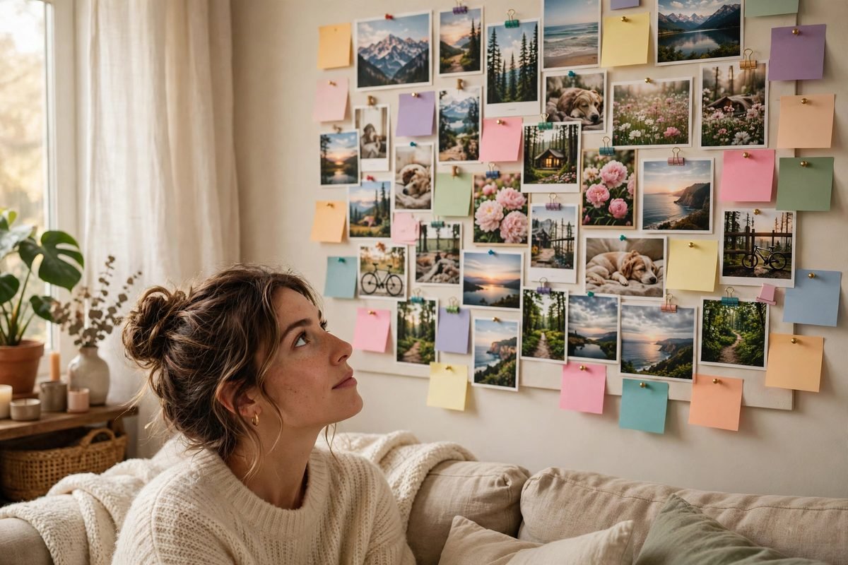 Woman looking at a vision board on her wall filled with photos and pinned notes — what is a money vision board