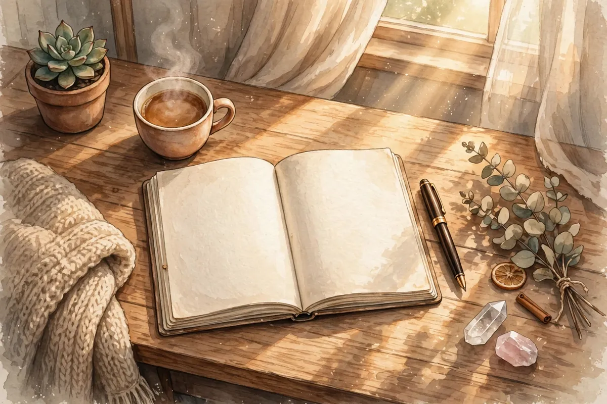 Open manifestation journal with pen on a sunny desk