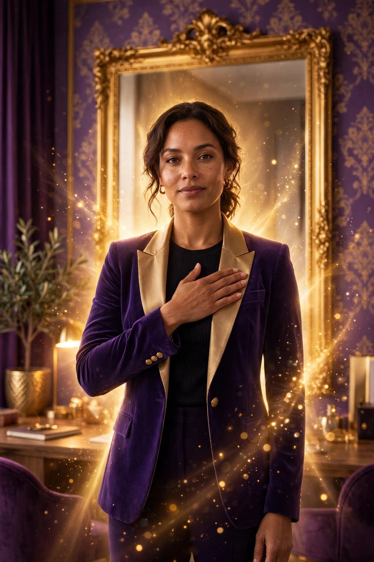Confident person with hand on heart before a mirror in golden light — affirmations to manifest a raise
