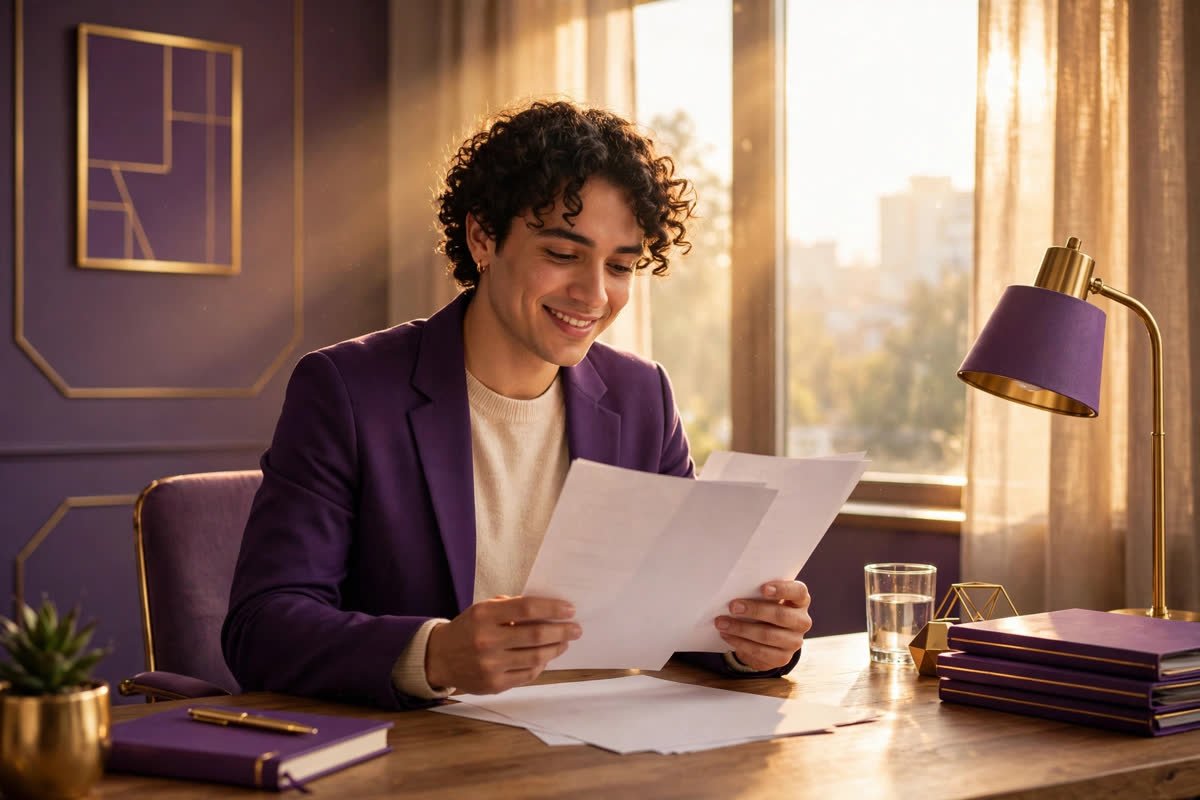 Hopeful professional at an office desk holding salary paperwork in golden morning light — how to manifest a raise