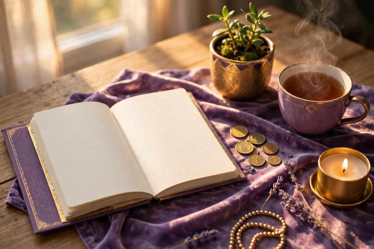 Calm morning desk with journal, coins, plant and tea — preparing your mindset to manifest a raise