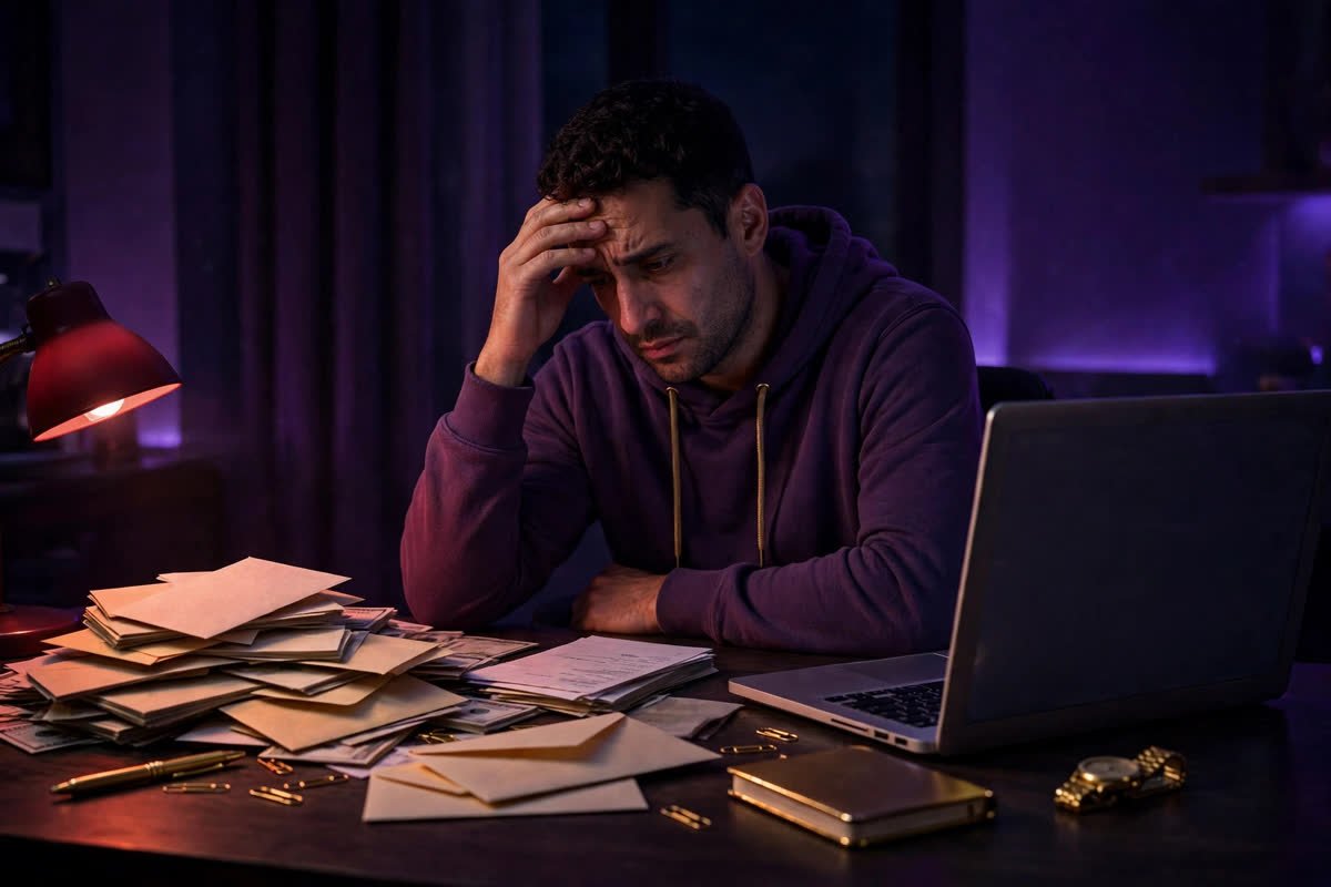 Stressed person at a desk at night surrounded by bills — mistakes to avoid when manifesting a raise