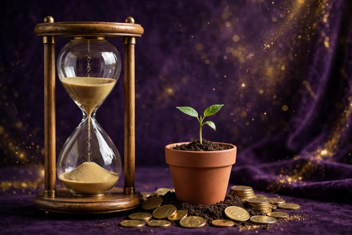Hourglass with golden sand and a seedling growing beside coins — how long it takes to manifest a raise
