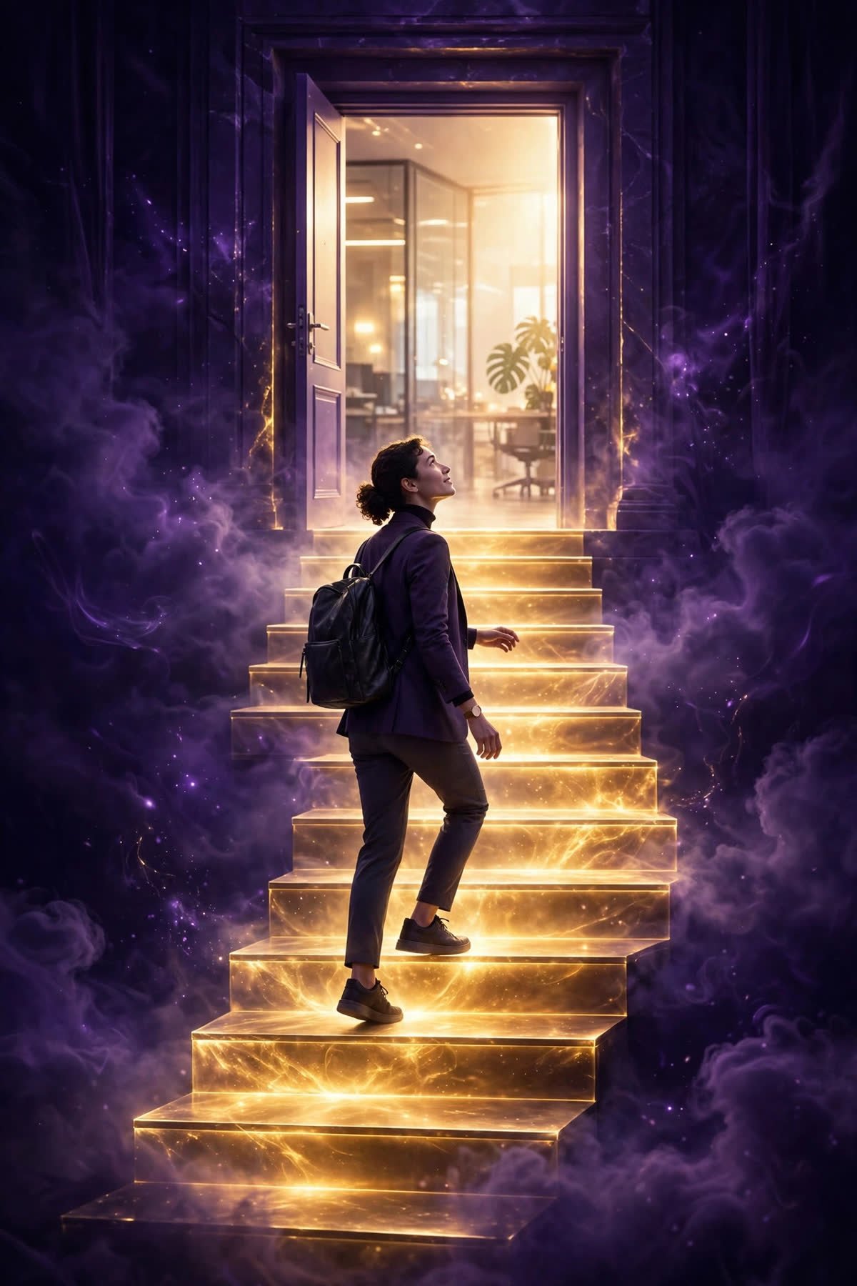 Person climbing glowing golden steps toward a bright office doorway — the 7 steps to manifest a raise