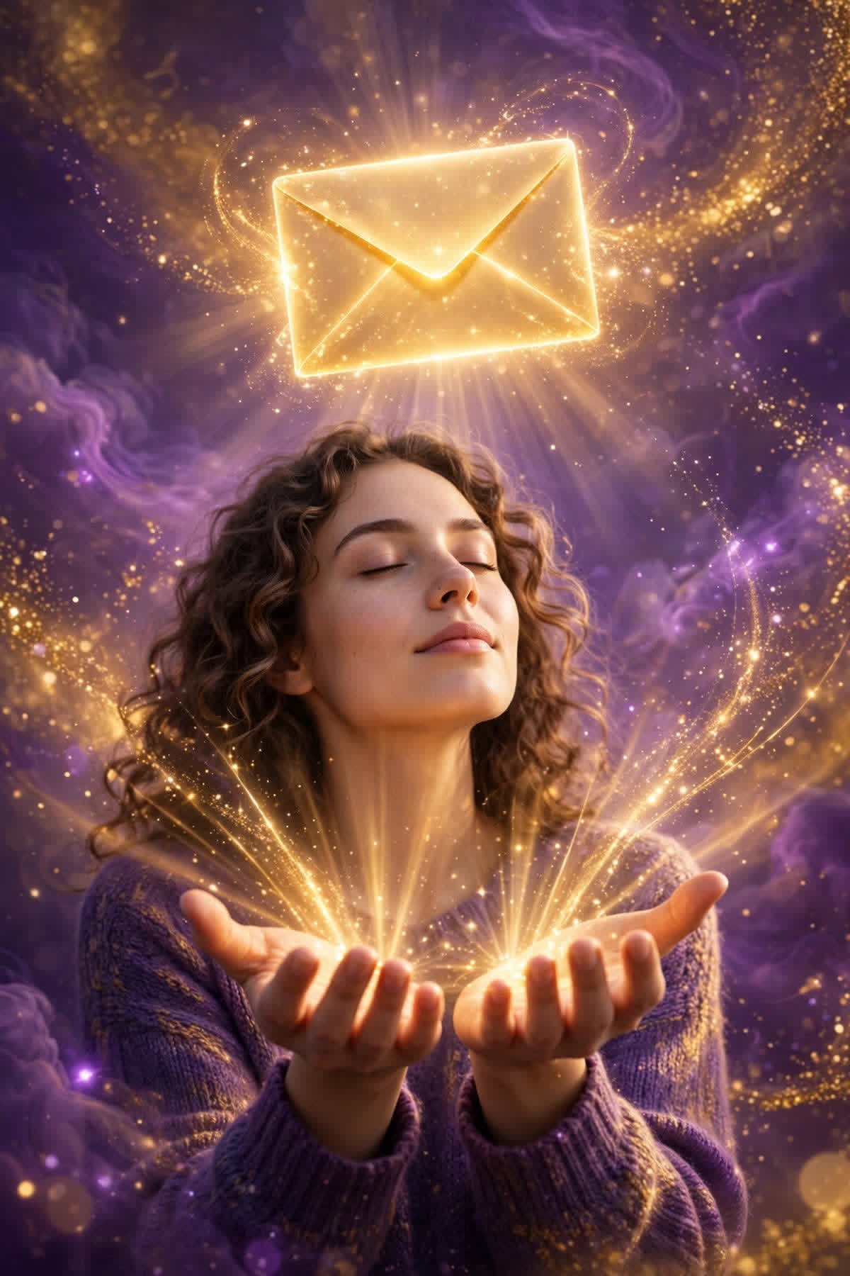 Open hands releasing golden light toward a glowing envelope — what it means to manifest a raise