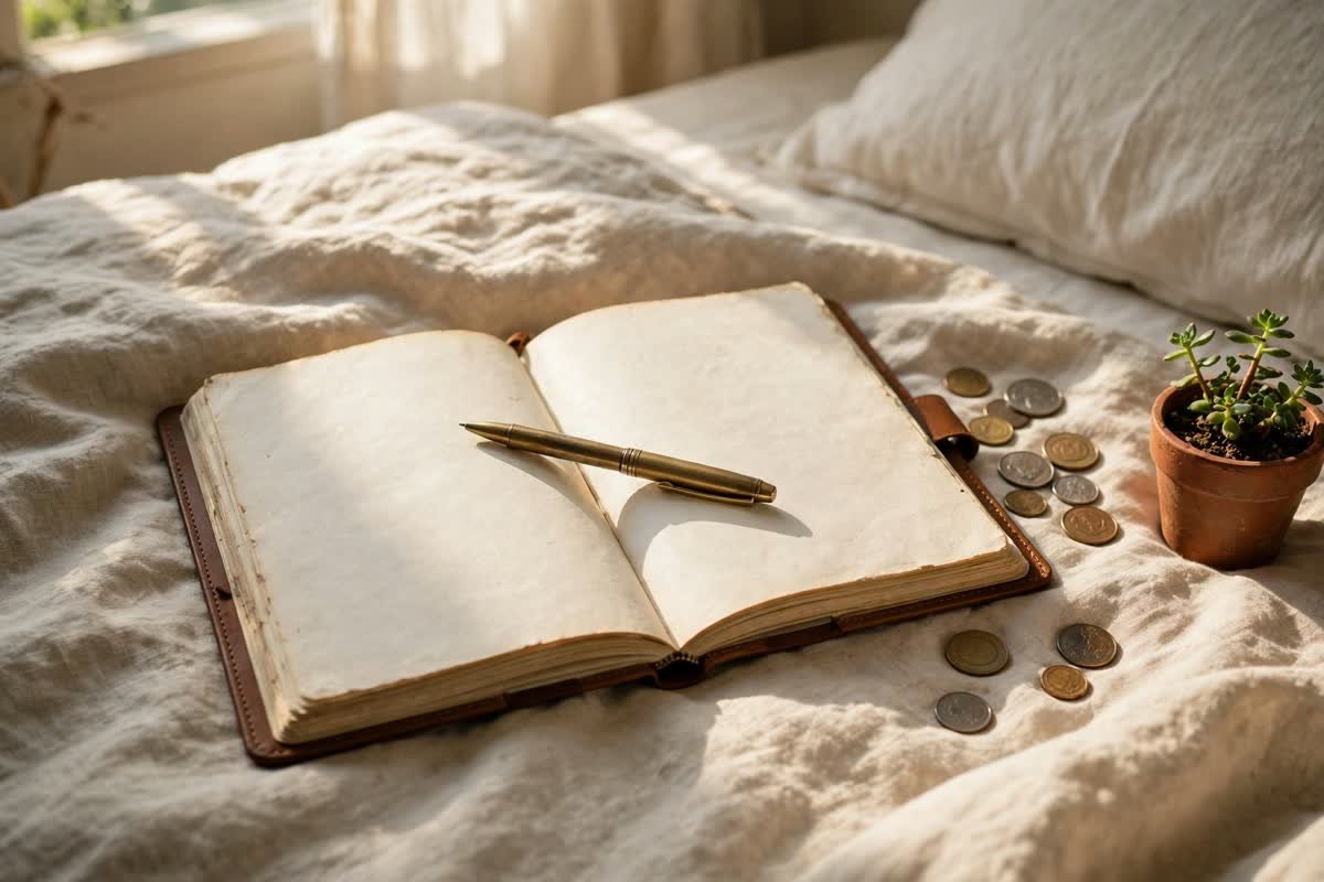 An open journal on a sunny bed, picturing vivid money scenes