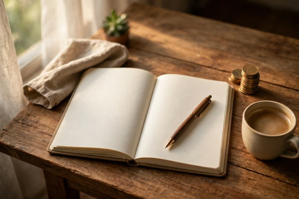A peaceful journaling scene for money visualization practice