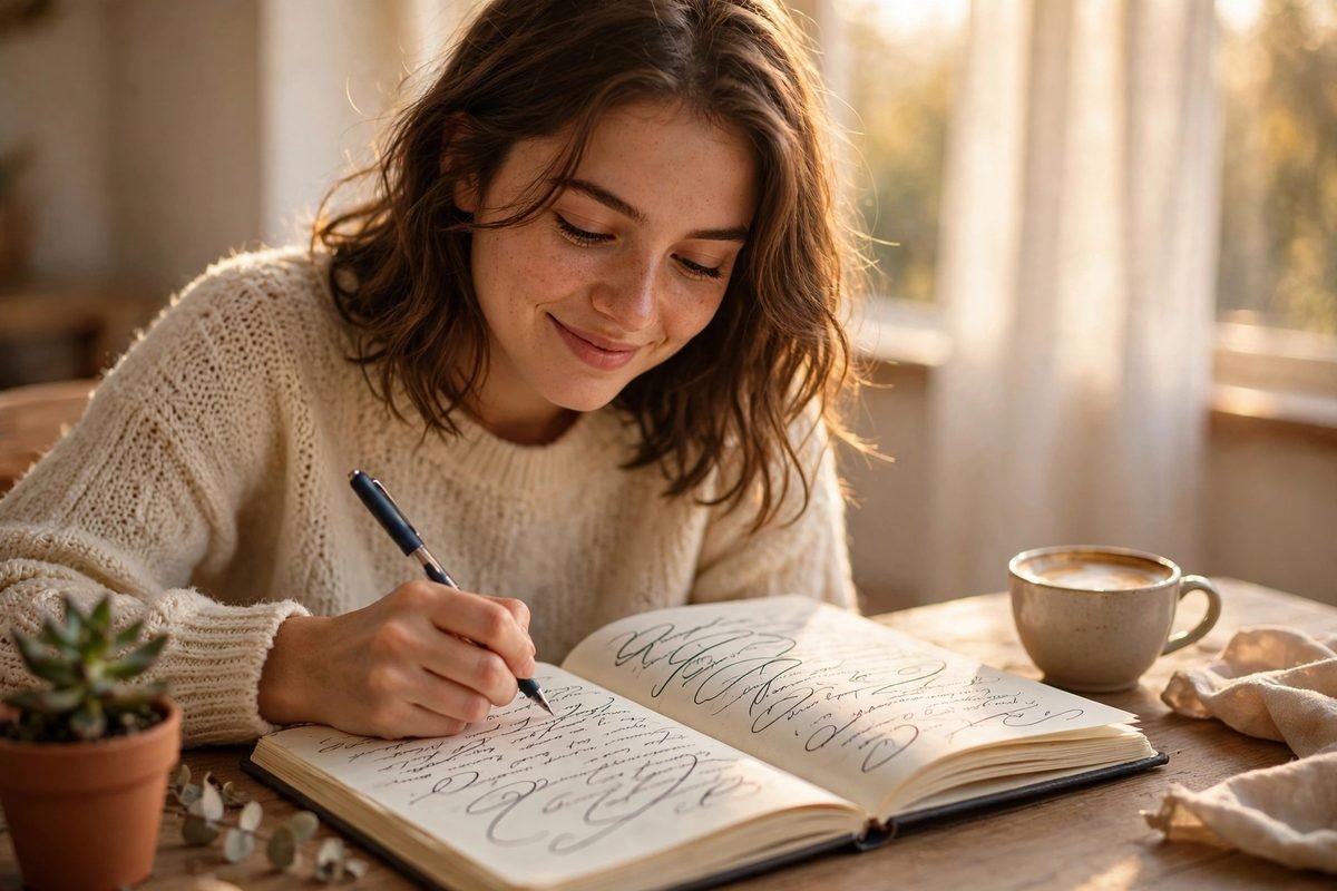Woman writing in a journal at a sunny desk with a dreamy smile