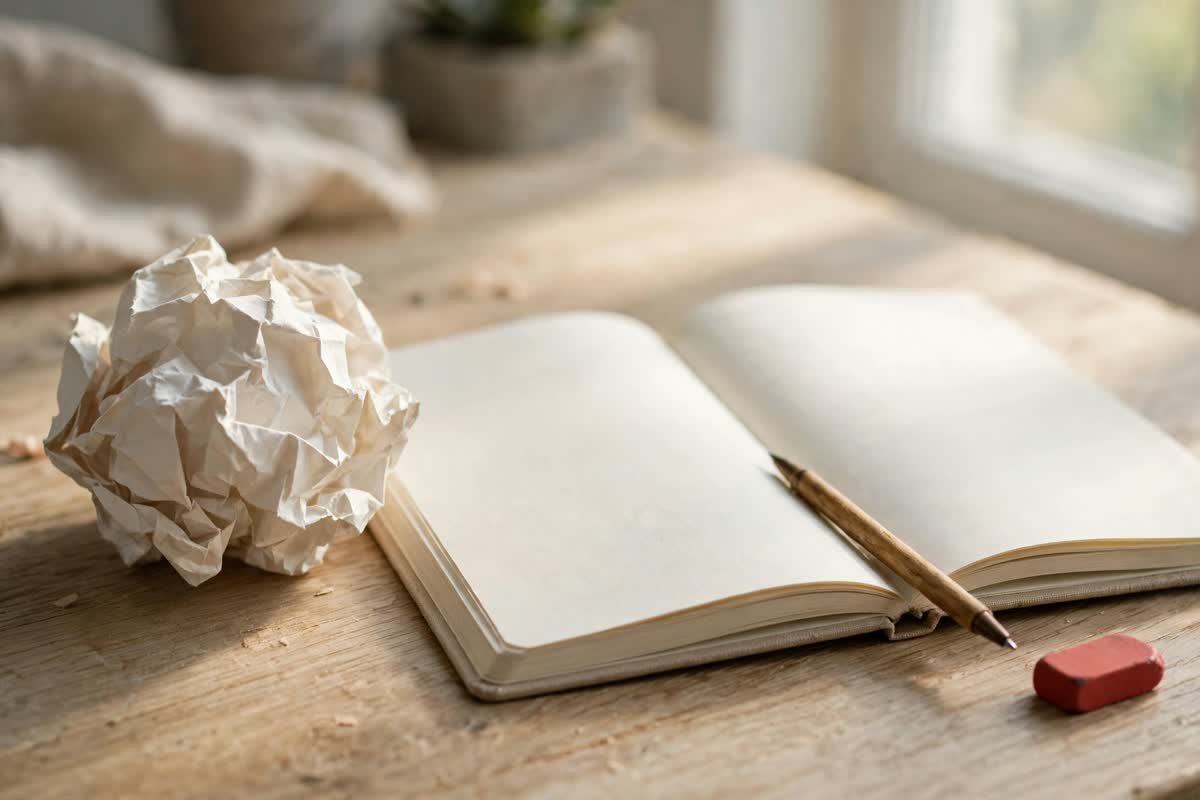 A crumpled page next to a fresh notebook, fixing visualization mistakes