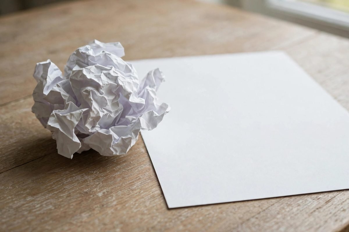 Crumpled paper next to a clean sheet symbolizing writing mistakes versus clear practice