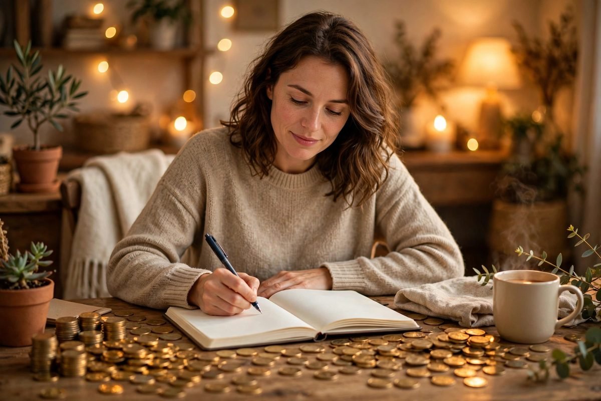 Person journaling at a desk with warm golden light symbolizing abundance