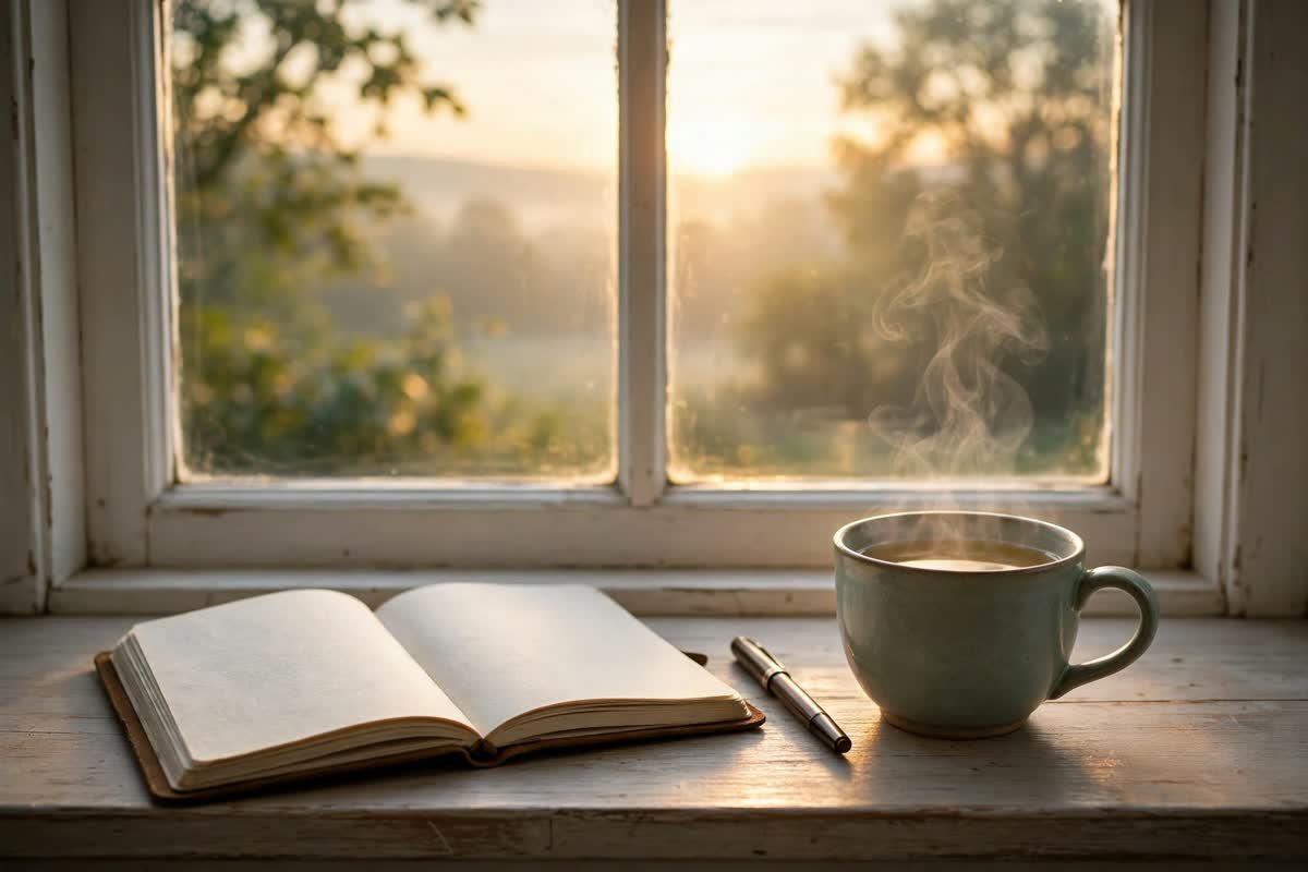 A quiet morning journaling routine by a bright window
