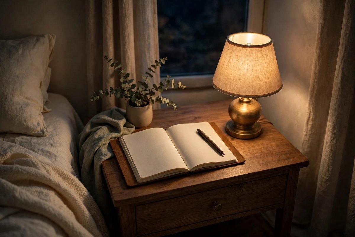 Cozy bedtime scene with open journal and pen on a nightstand beside a warm lamp