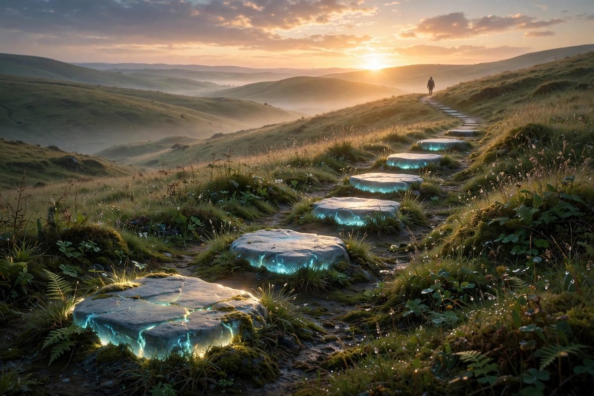 Five glowing stepping stones winding toward a bright sunrise