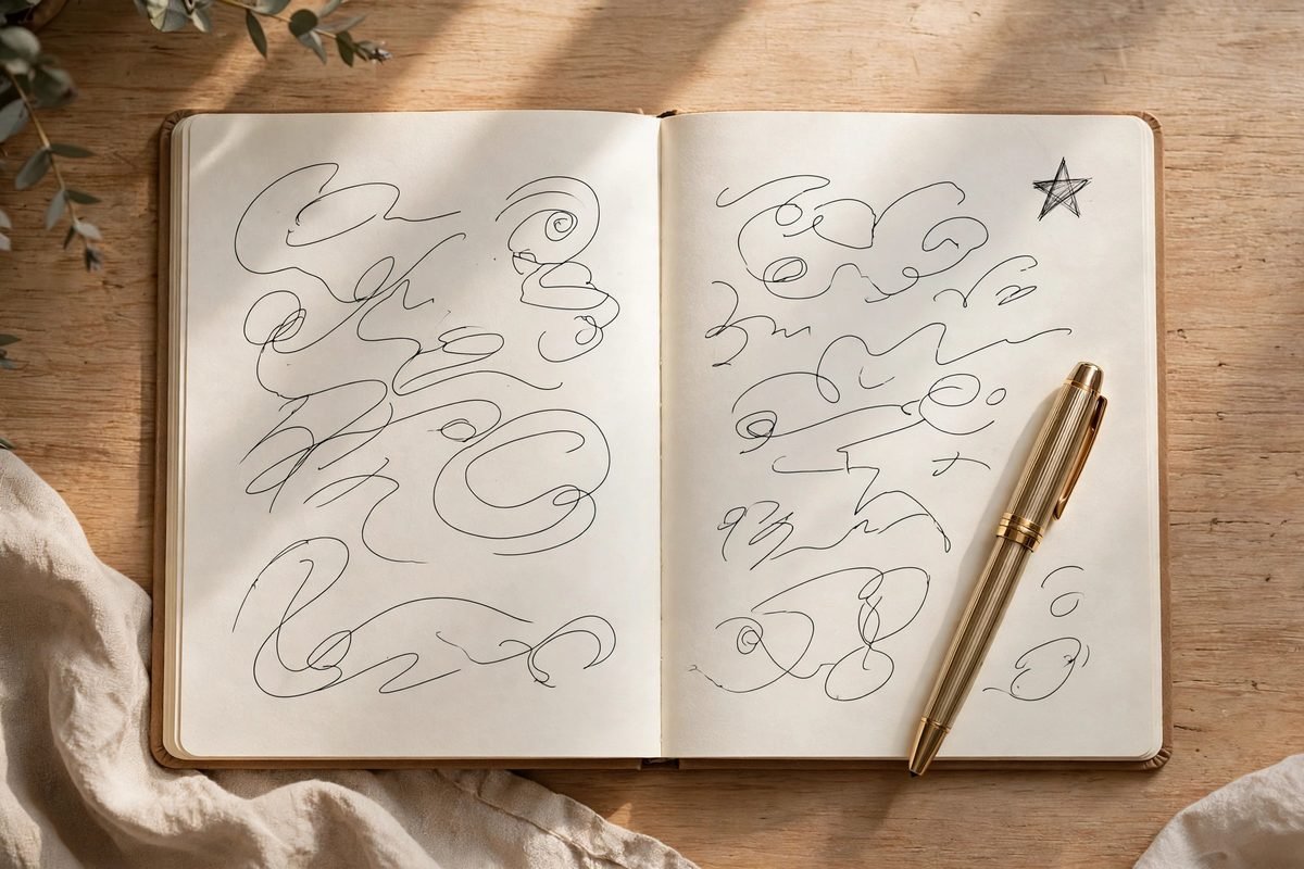 Overhead view of an open notebook with flowing script lines and a pen