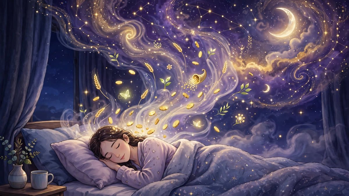 Woman sleeping peacefully with golden coins and abundance symbols floating in a starry purple sky
