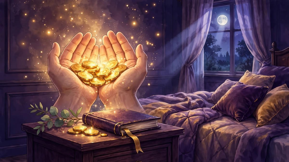 Open hands holding glowing golden coins in warm light at night