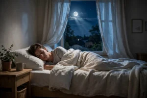 Person sleeping peacefully under soft moonlight
