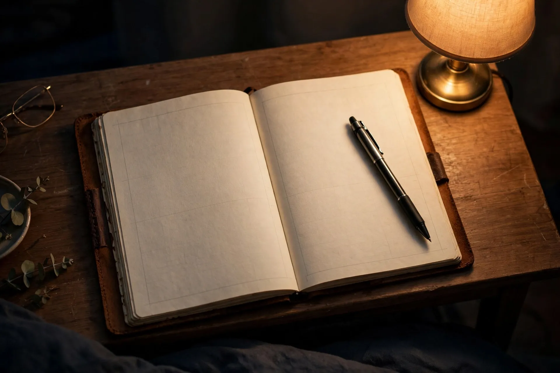Handwritten manifestation journal and pen on a bedside table at night