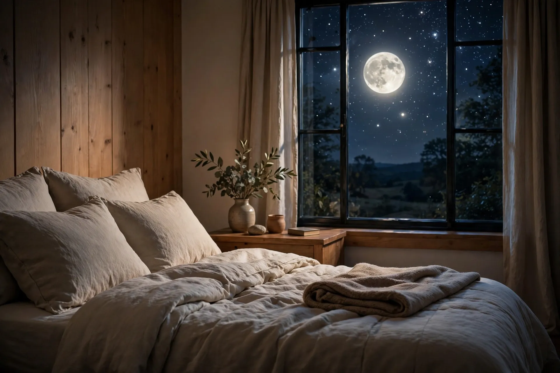 Peaceful bedroom with stars and moon glowing outside the window