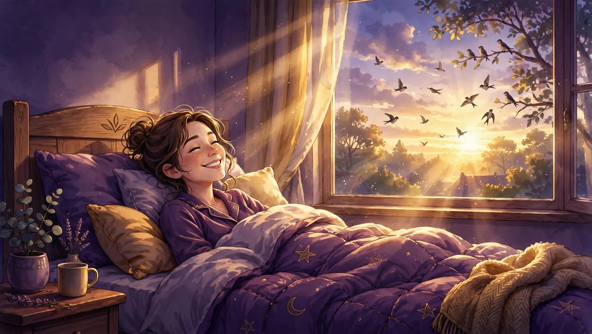 Woman waking up smiling in bed with golden sunrise light