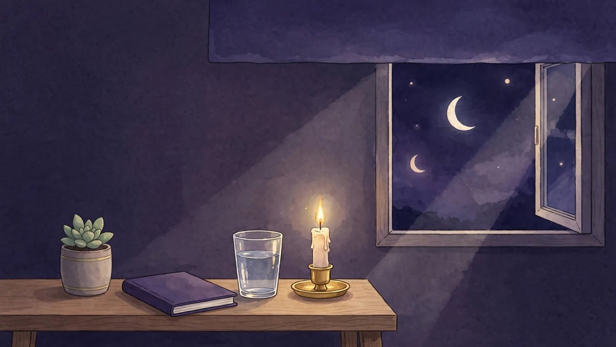 Calm bedtime routine scene with candle, journal and crescent moon glow