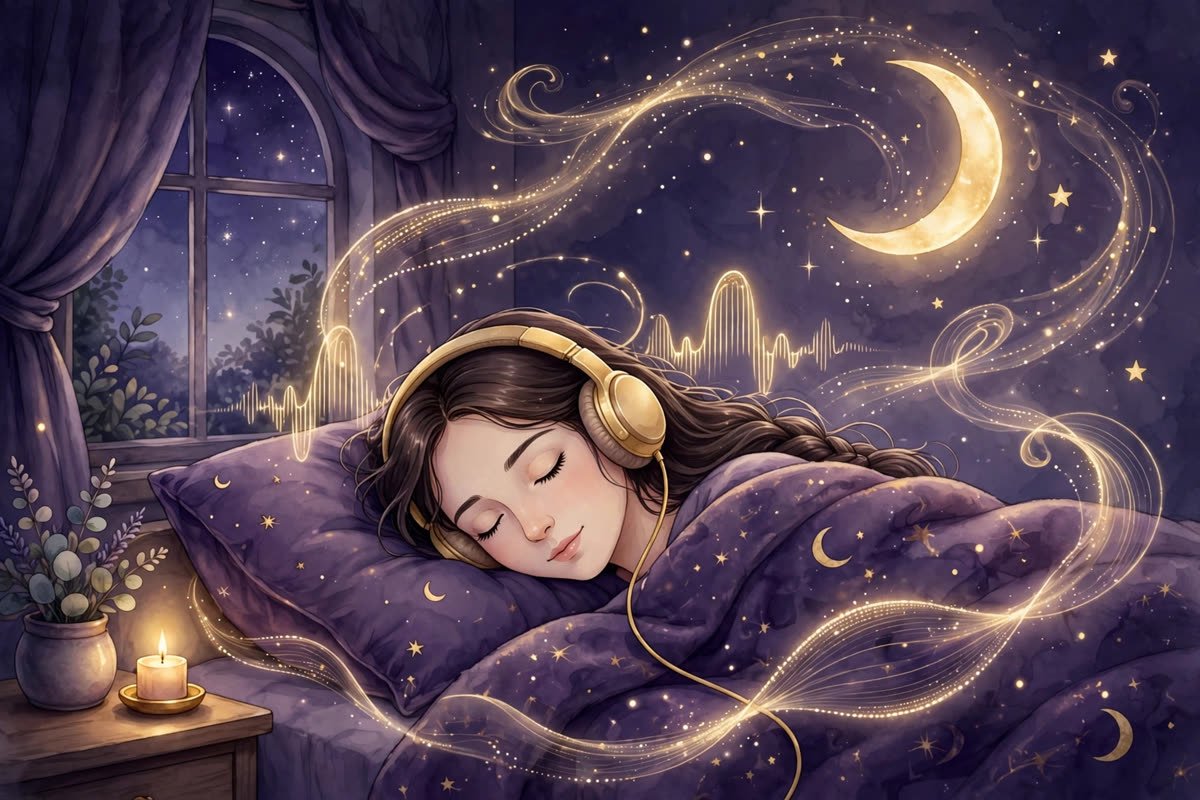 Woman asleep with headphones, soft sound waves and crescent moon around her
