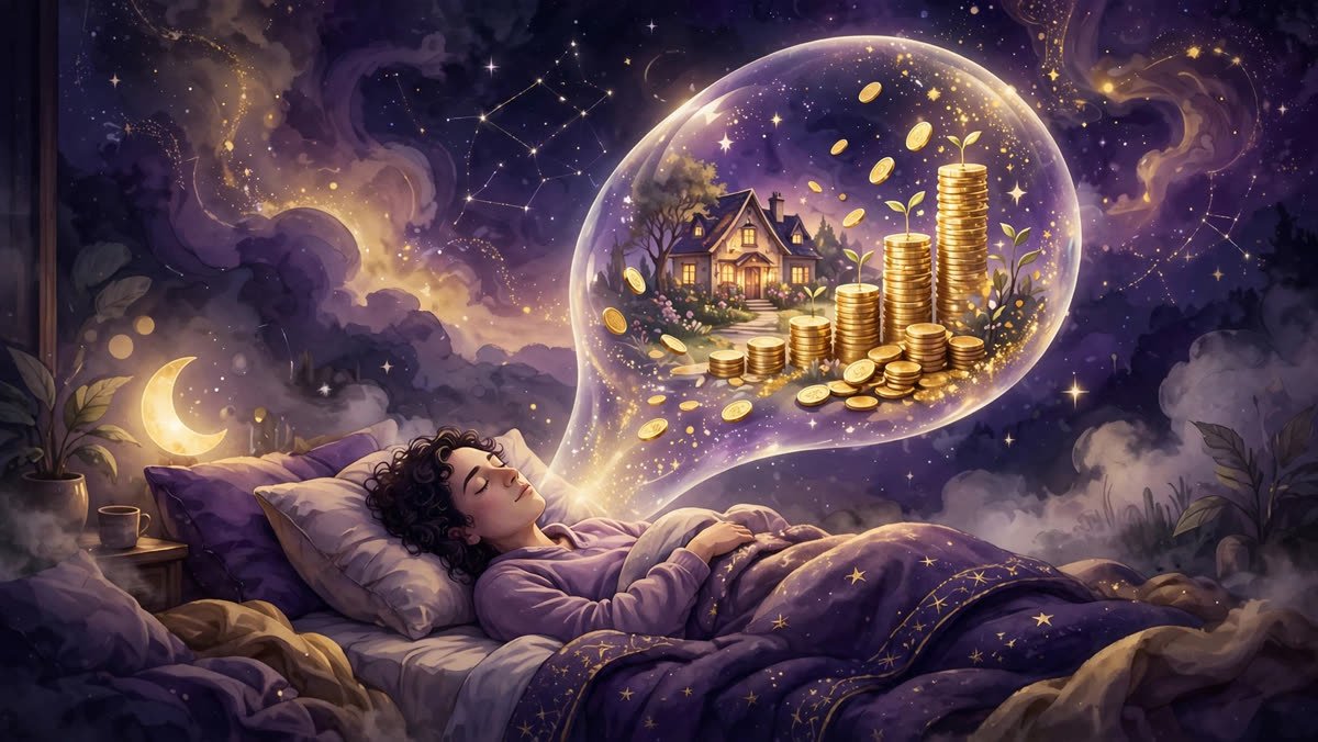 Person in bed with a glowing dream bubble showing a home and golden abundance