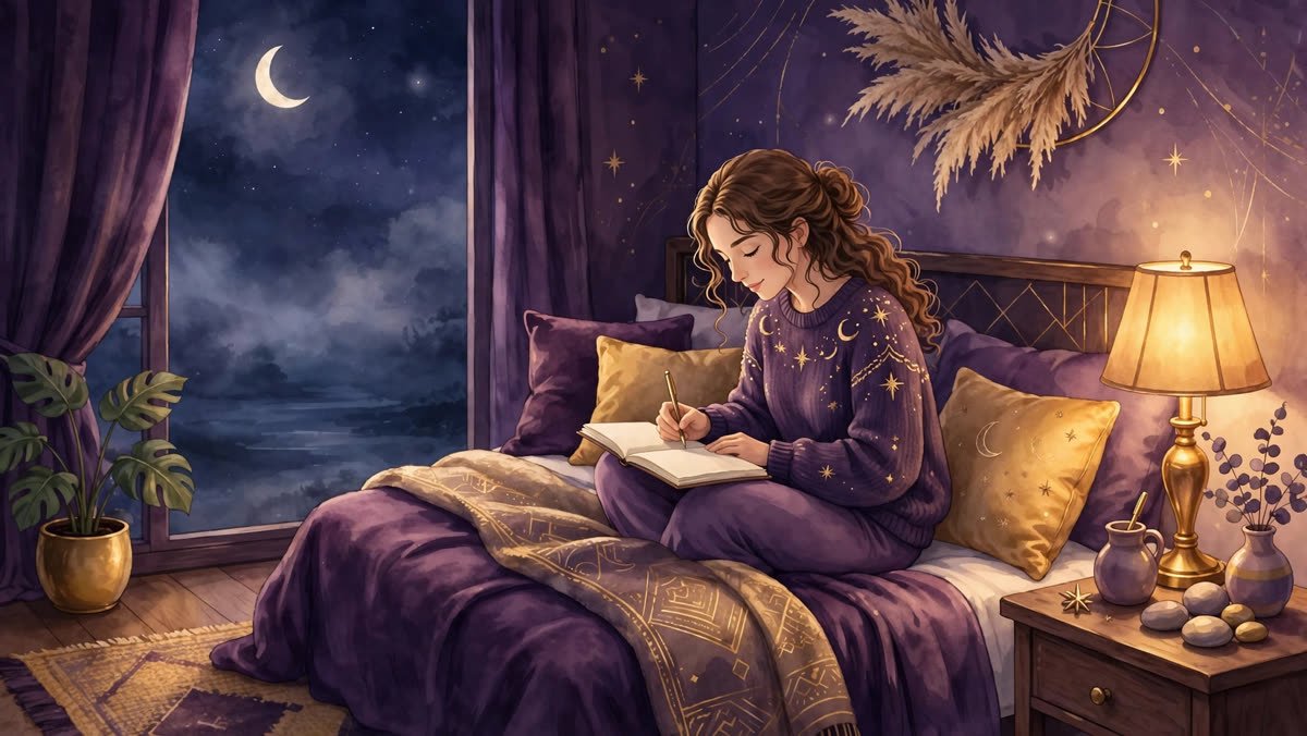 Woman journaling money affirmations in bed by warm lamplight at night
