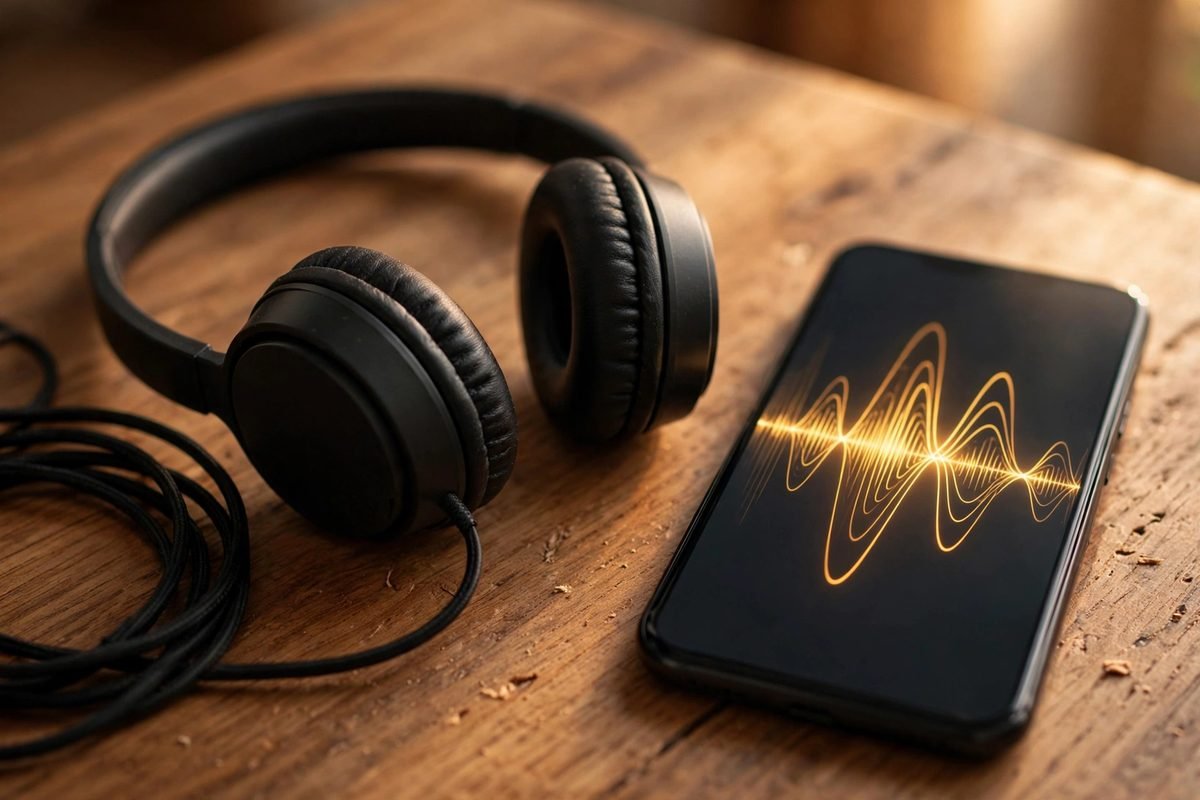 Headphones resting on a wooden table next to a phone showing sound waves