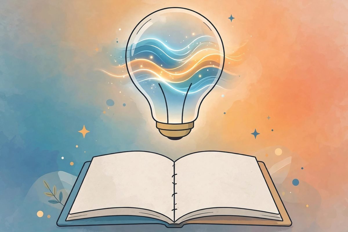 Glowing lightbulb with wave lines above an open notebook symbolizing creative ideas