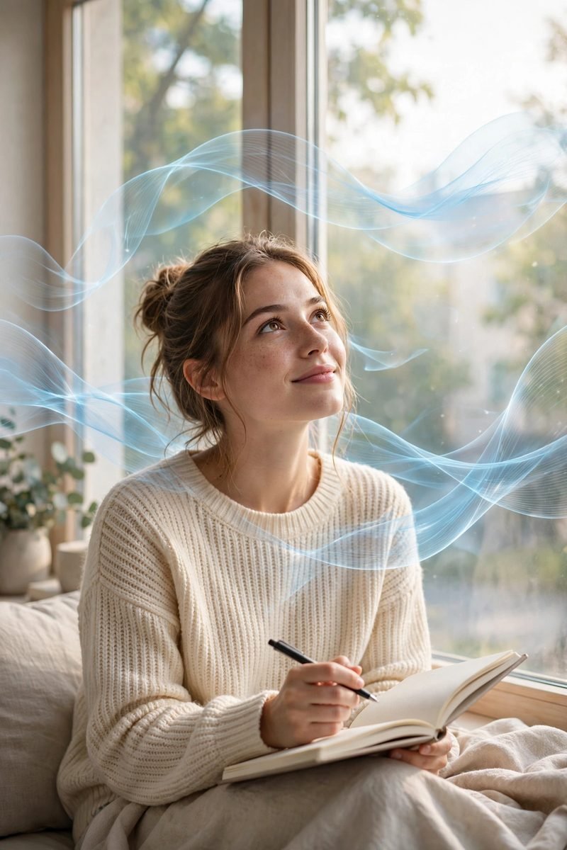 Woman by a bright window with notebook, a new idea arriving, soft blue wave lines in the air