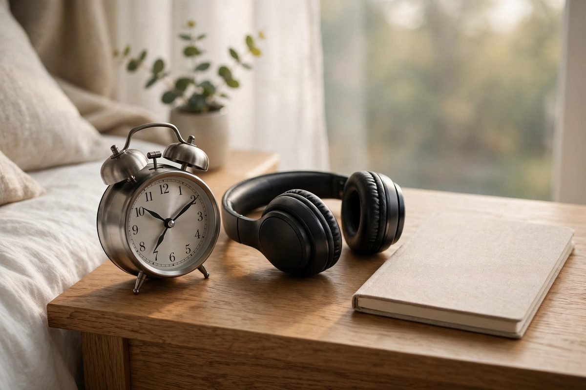 Morning bedside scene with alarm clock, headphones and notebook in soft light