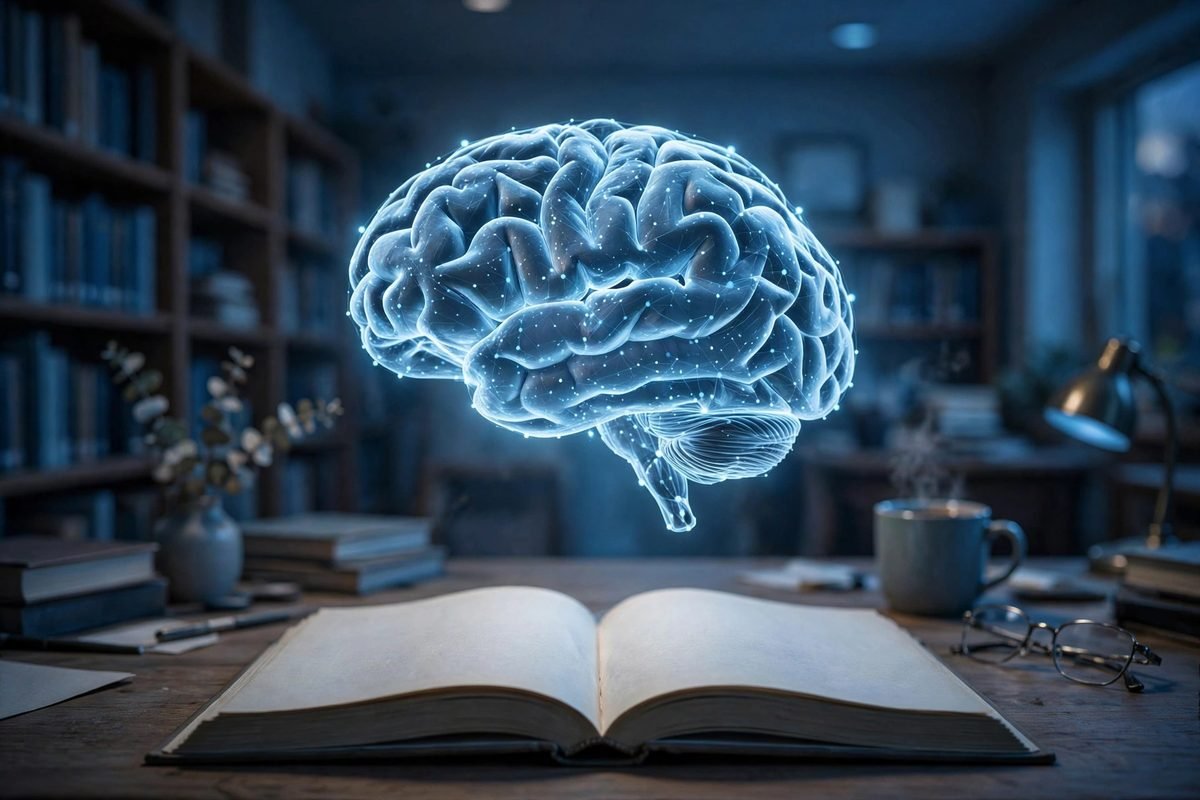 Calm library scene with glowing brain graphic above an open book