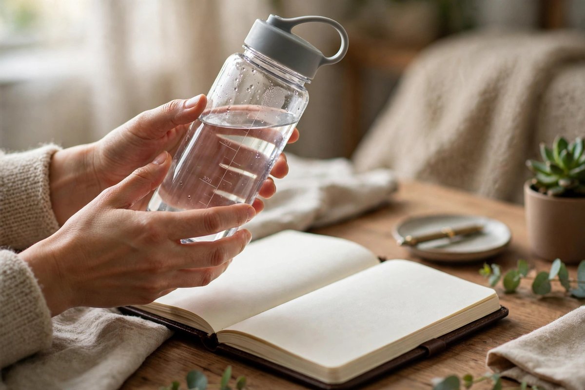 A clear water bottle held in hands near a journal on a desk