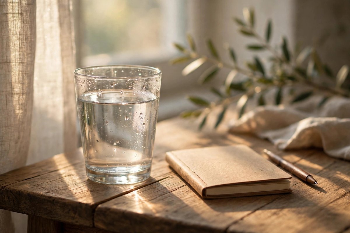 A clear glass of water beside a notebook and pen in soft morning light