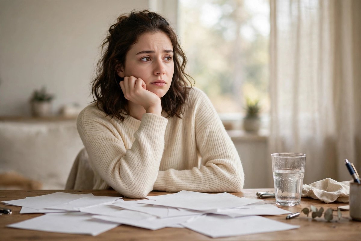A person looking thoughtful at a desk with a glass of water and notes