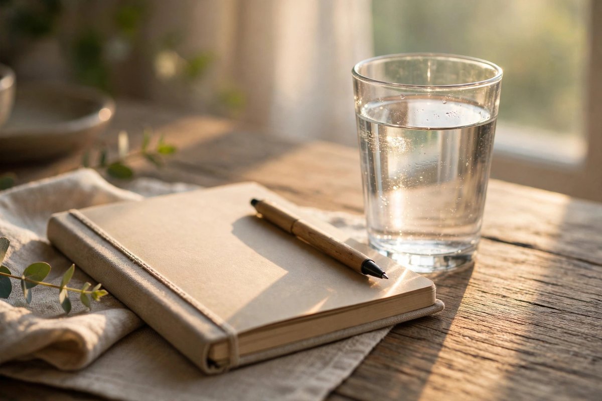 A glass of water and a notebook in soft sunrise light on a table