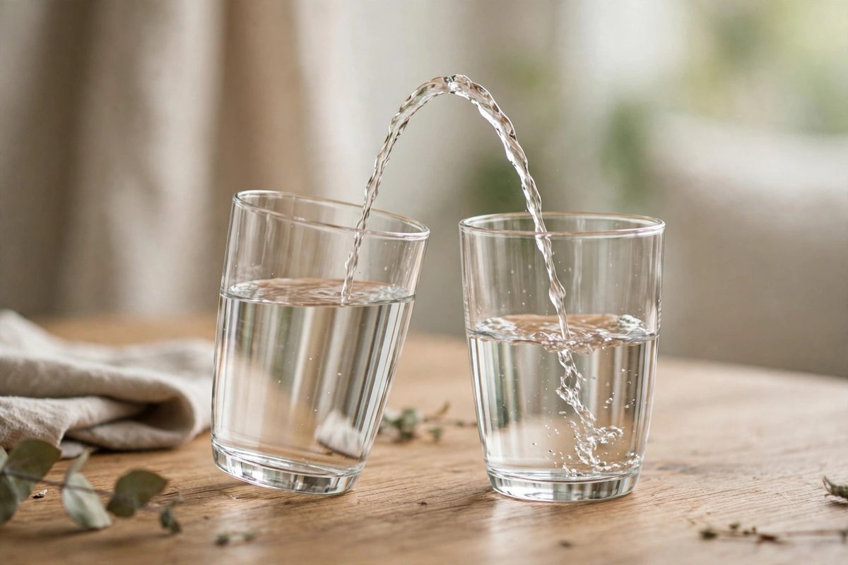 Water being poured slowly from one clear glass into another on a table