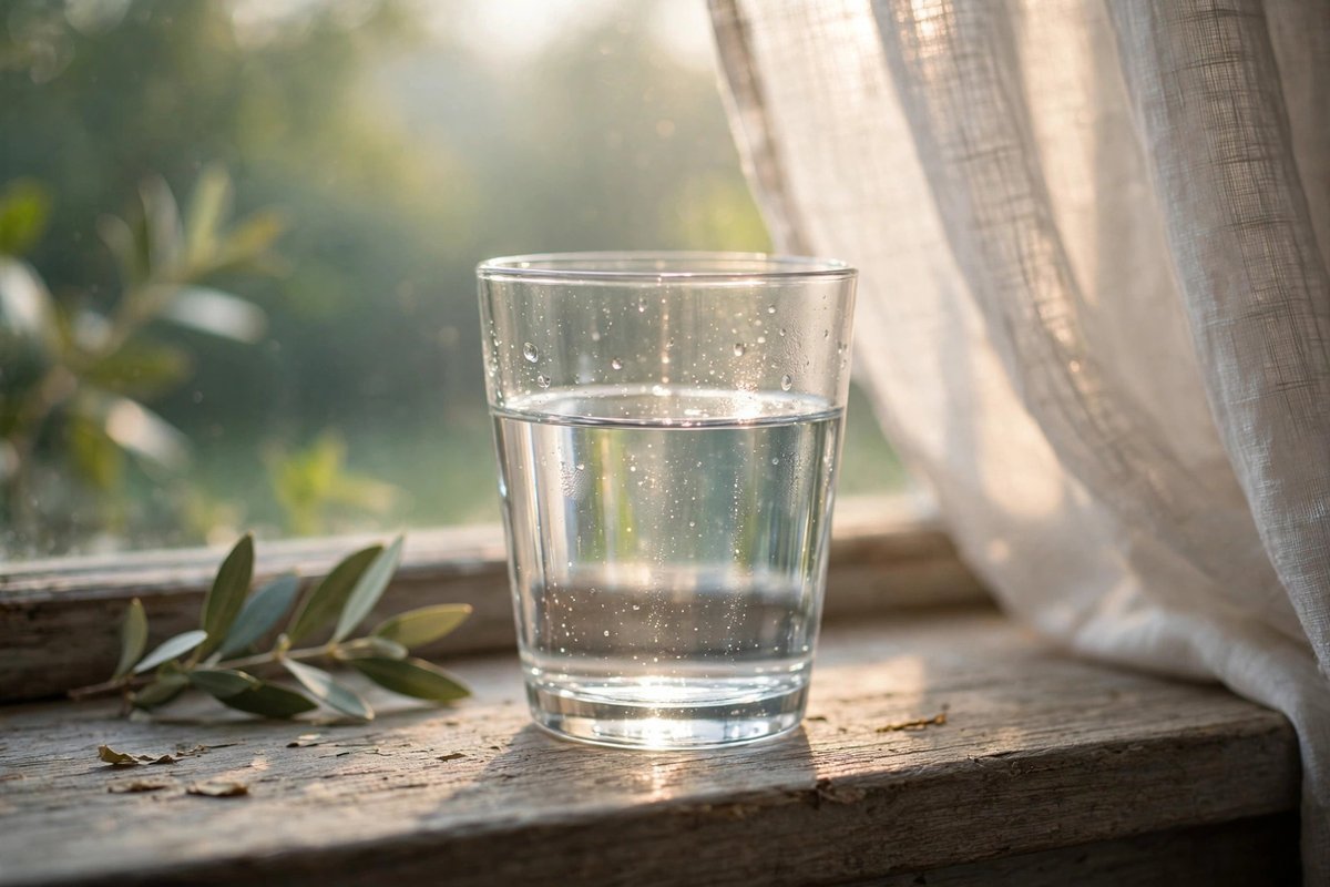 A glass of clear water catching soft morning light on a windowsill