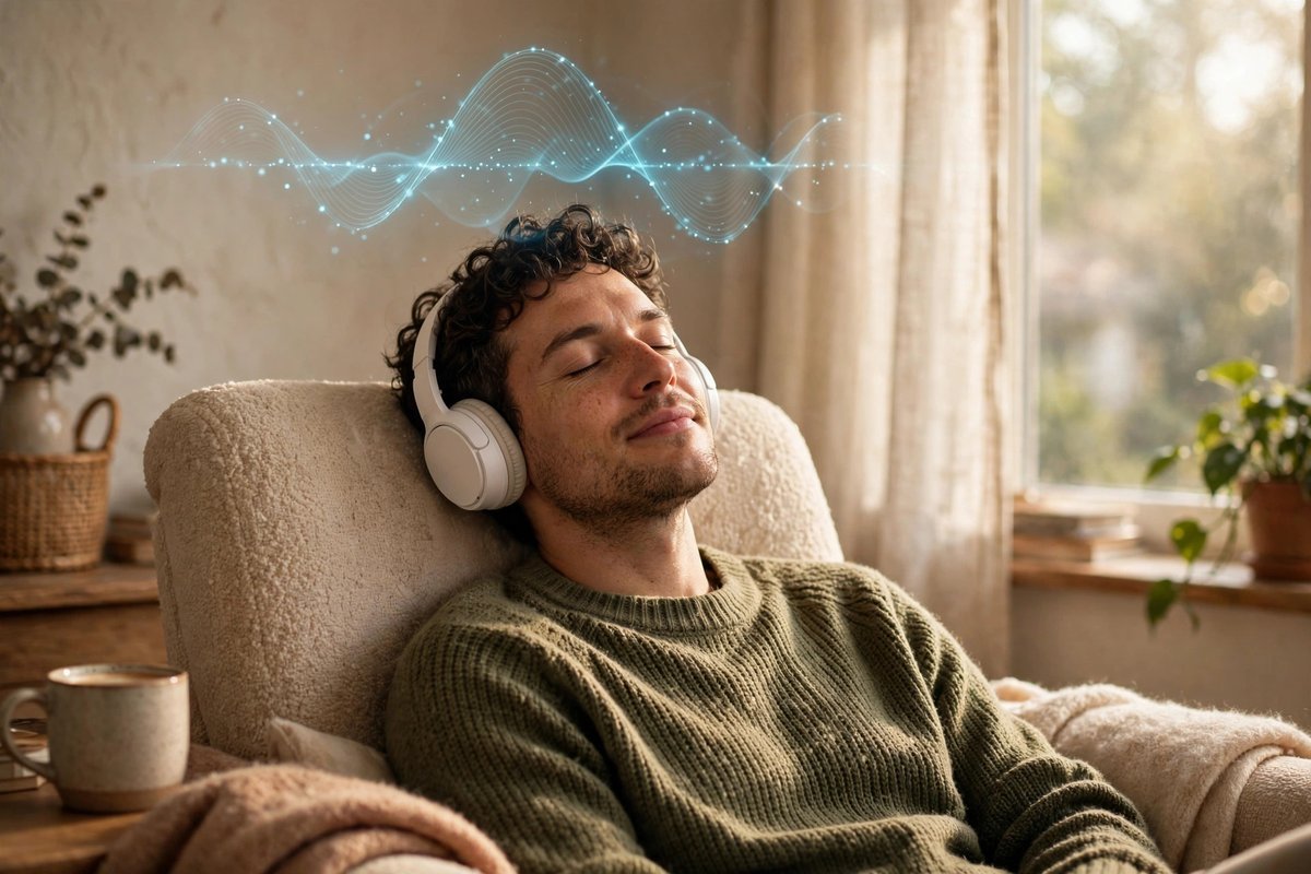 The Wealth Signal review — person relaxing with headphones and a glowing brainwave pattern