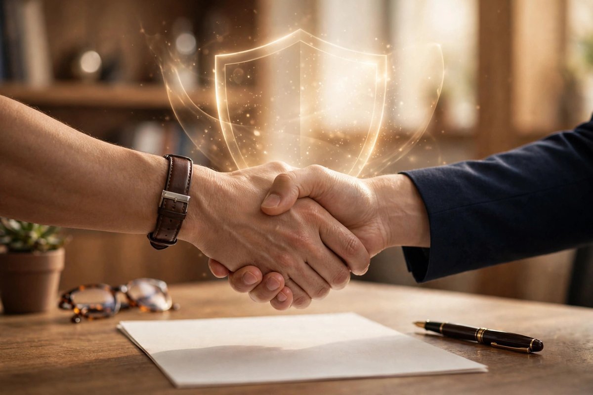 The Wealth Signal guarantee — hands shaking over a desk with a pen and paper